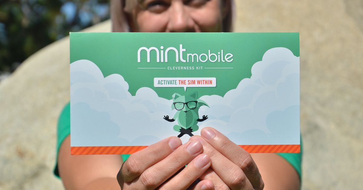 blonde woman holding Mint Mobile Cleverness kit