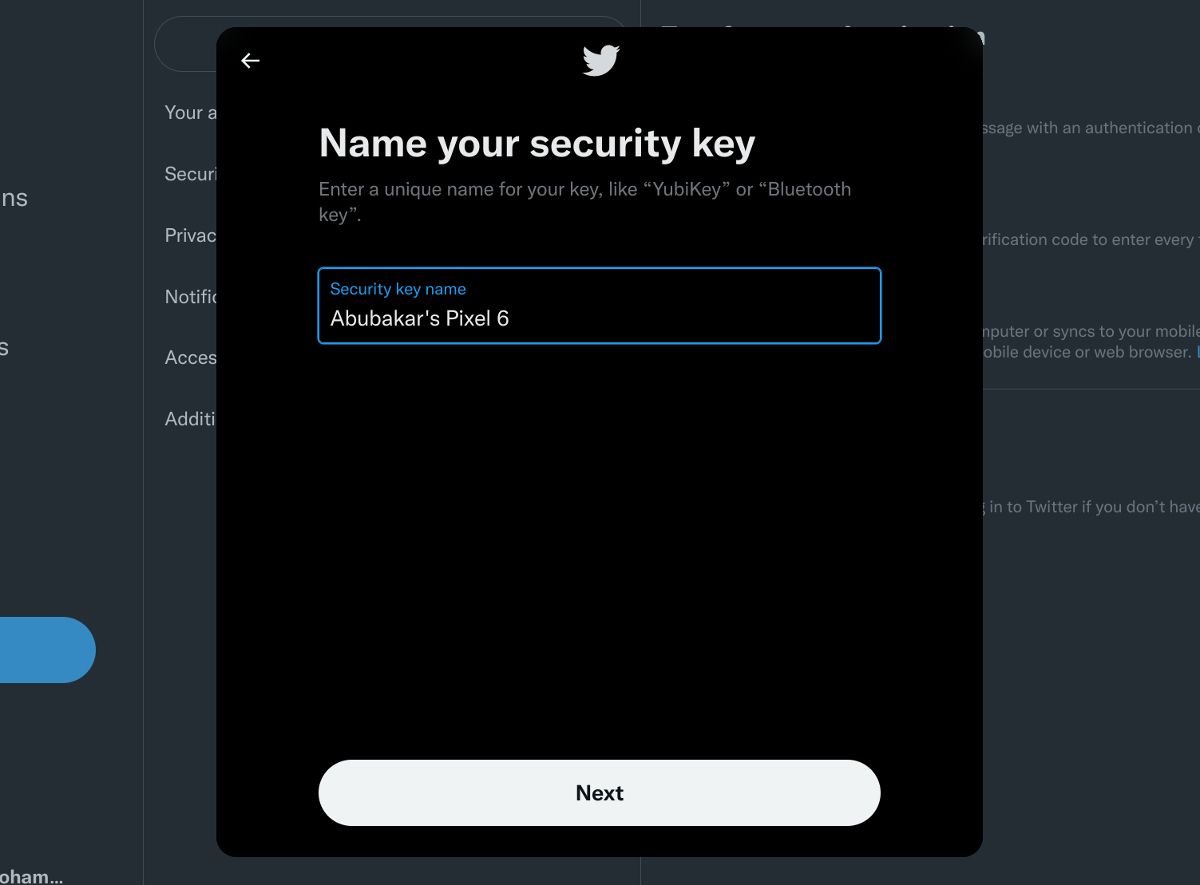The Name your security key screen showing a security key name