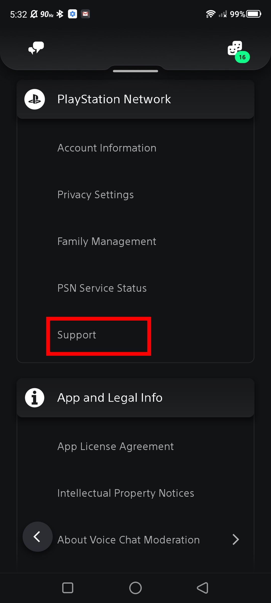 Cuplikan layar opsi dukungan aplikasi PlayStation (di bawah pengaturan)