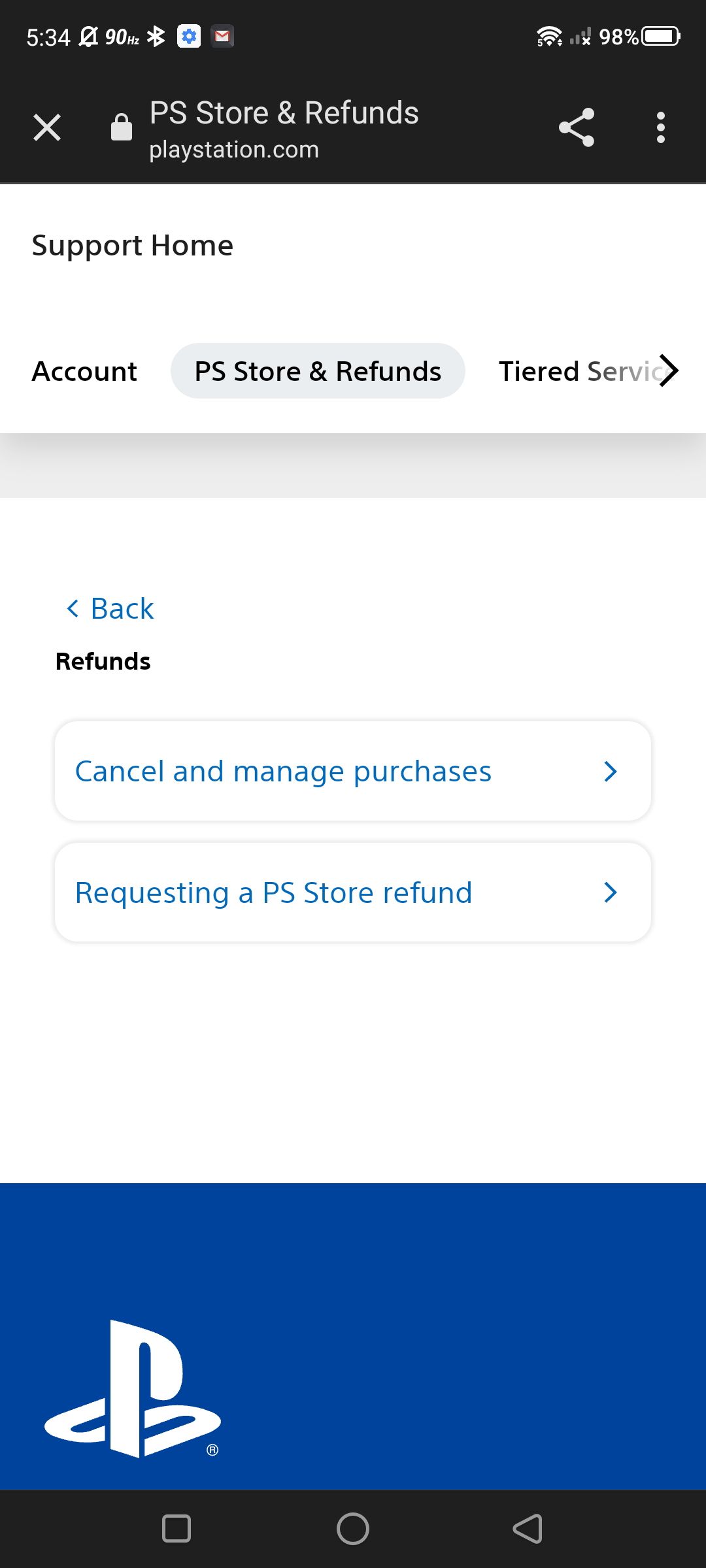 Cuplikan layar aplikasi PlayStation menavigasi halaman dukungan untuk pengembalian uang