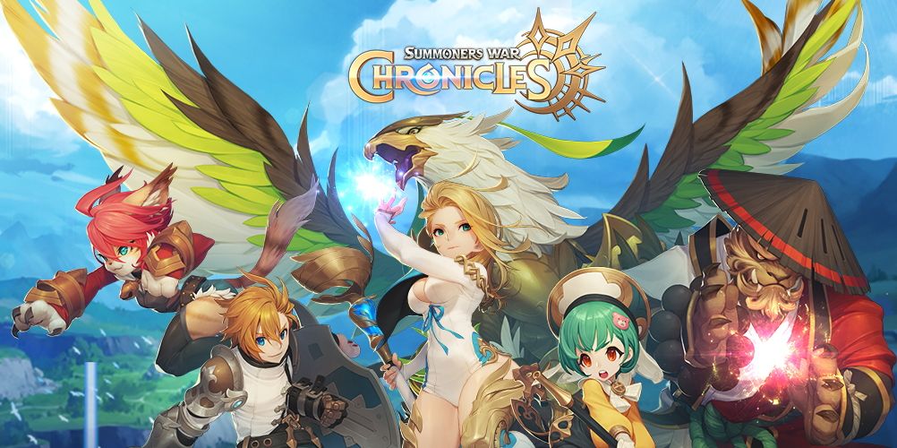 summoners war characters and monsters pasted on a generic fantasy backdrop with summoners war chronicle logo at top center