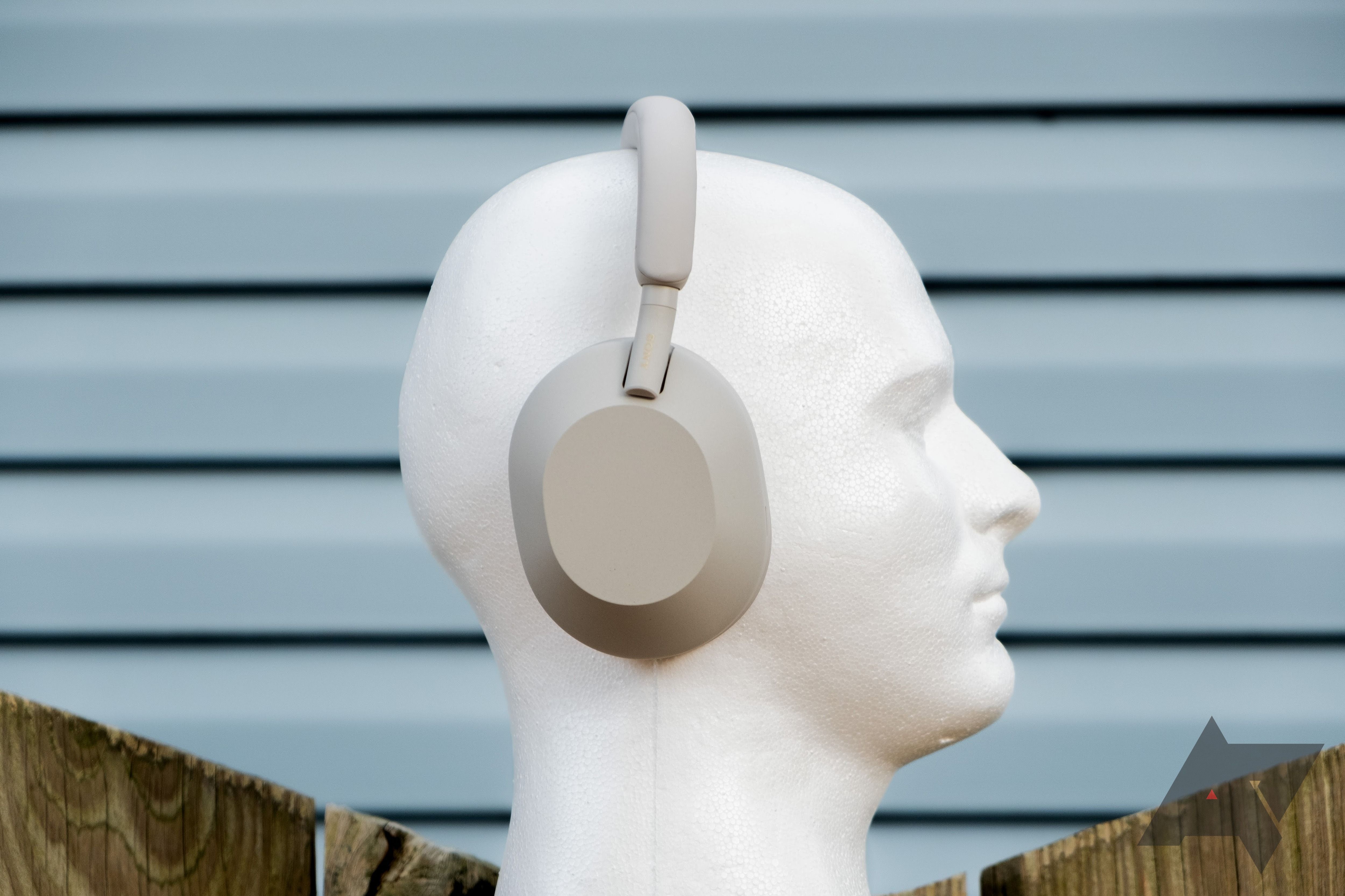 Sony WH-1000XM5 over-ear headphones mounted on a model shaped like a human head