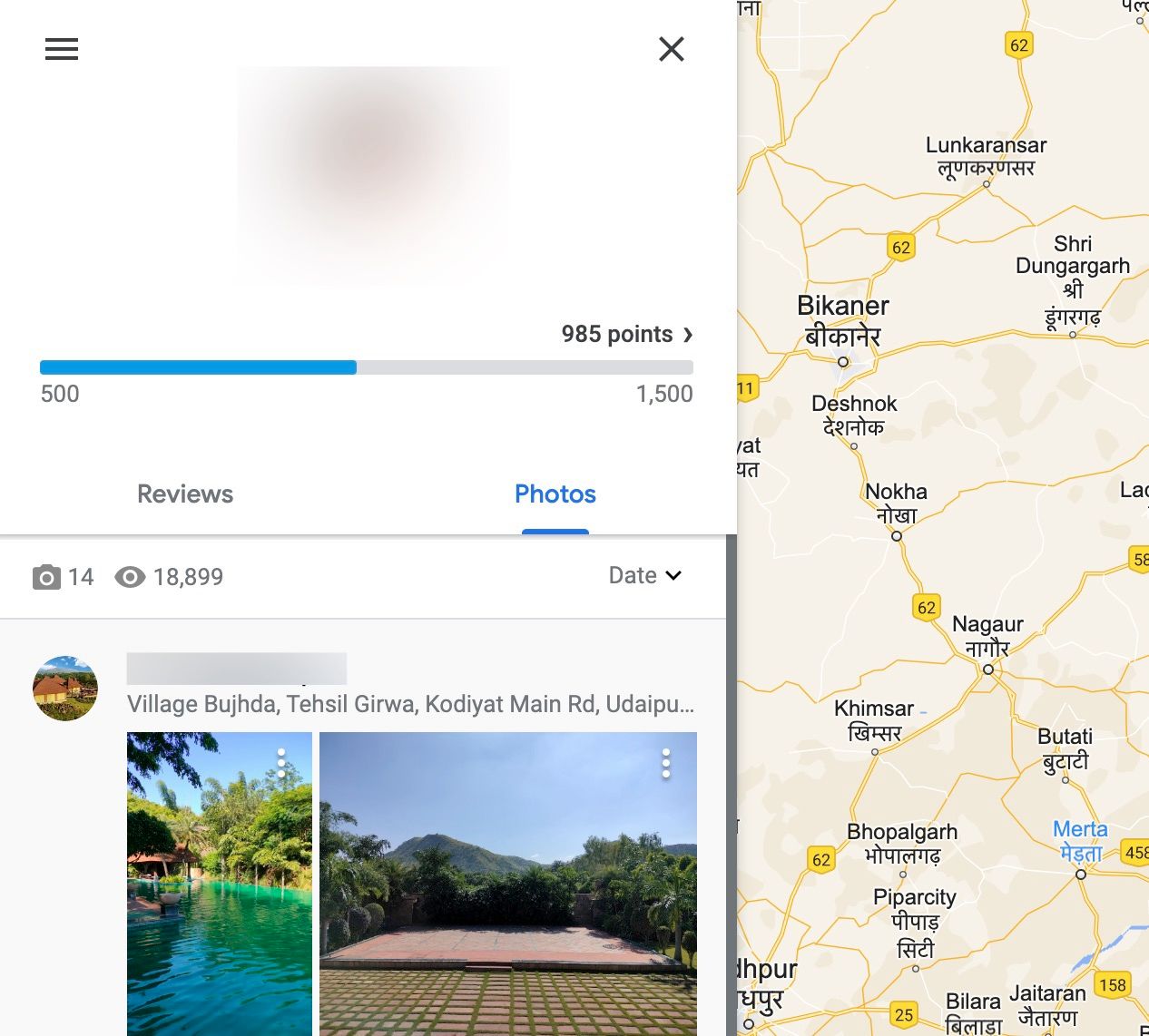 A screenshot showing a Google review with two photos alongside an open Google Maps view of the region of Rajasthan, India.