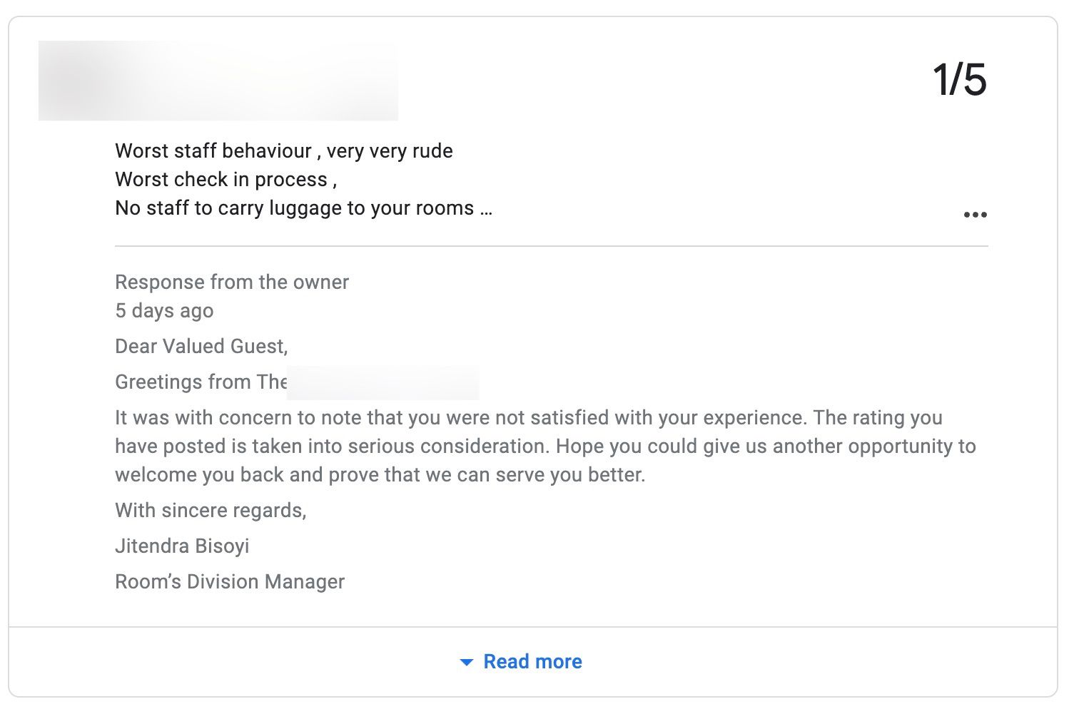 A screenshot of a review describing very bad customer service. The owner of the business replies to the post, apologizing and asking for the customer to give them another opportunity.