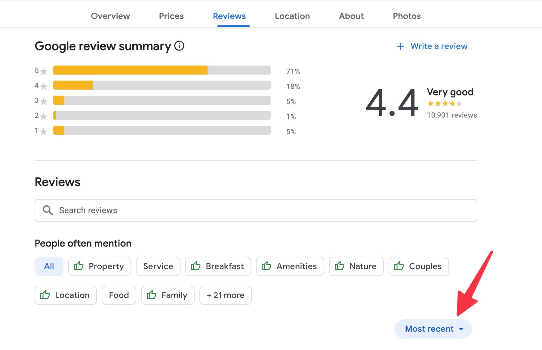 A screenshot of the Google review summary screen with a rating of 4.4, indicating very good reviews. A red arrow is pointing towards the ‘most recent’ button on the bottom right corner of the screen.