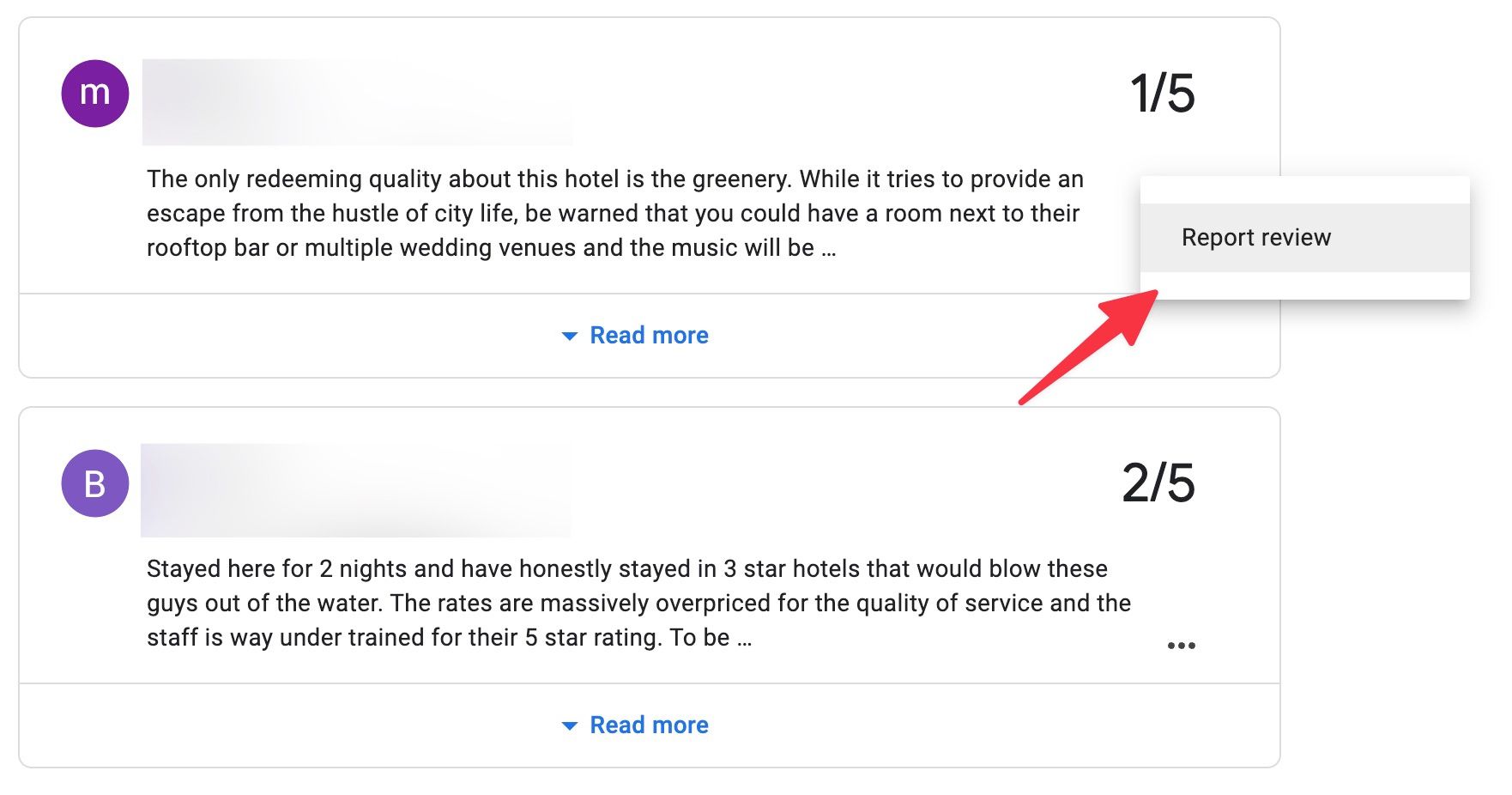A screenshot showing two negative reviews. A red arrow is pointing at the ‘report review’ button, which is open on the mid-top right part of the screen.