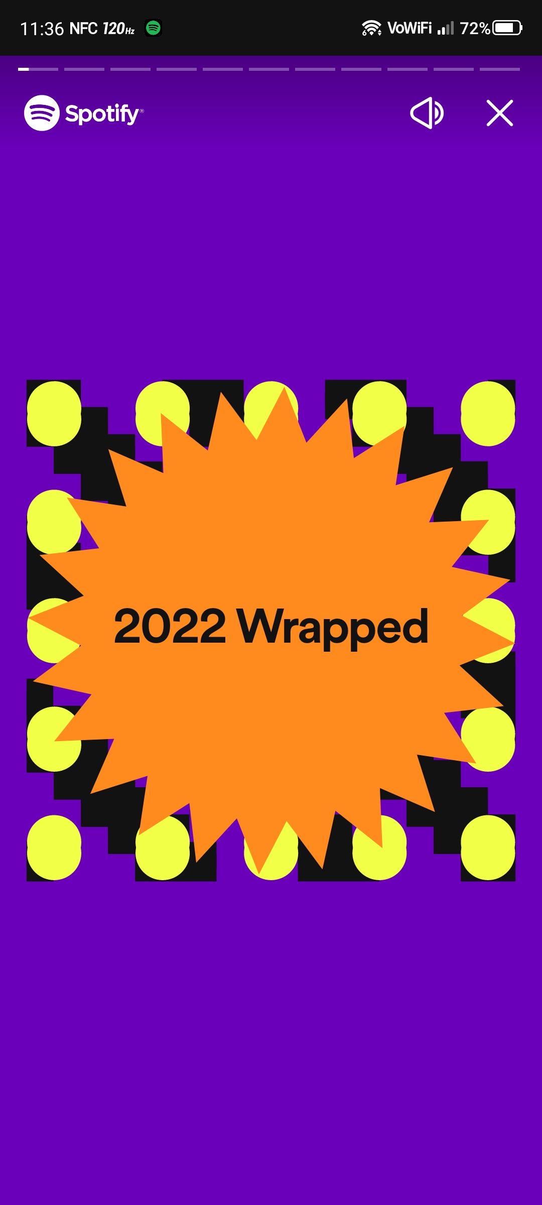 Screenshot of the first screen of 2022 Wrapped in Instagram story style. The screen displays an introduction to the user’s 2022 Wrapped experience on Spotify and features colorful graphics and animations.