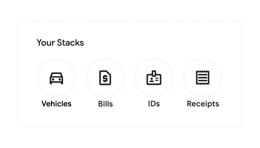 Cuplikan layar menampilkan kategori organisasi Google Stack, berjudul 'Tumpukan Anda', dengan empat lingkaran bertanda 'Kendaraan', 'Tagihan', 'ID', dan 'Tanda Terima'.