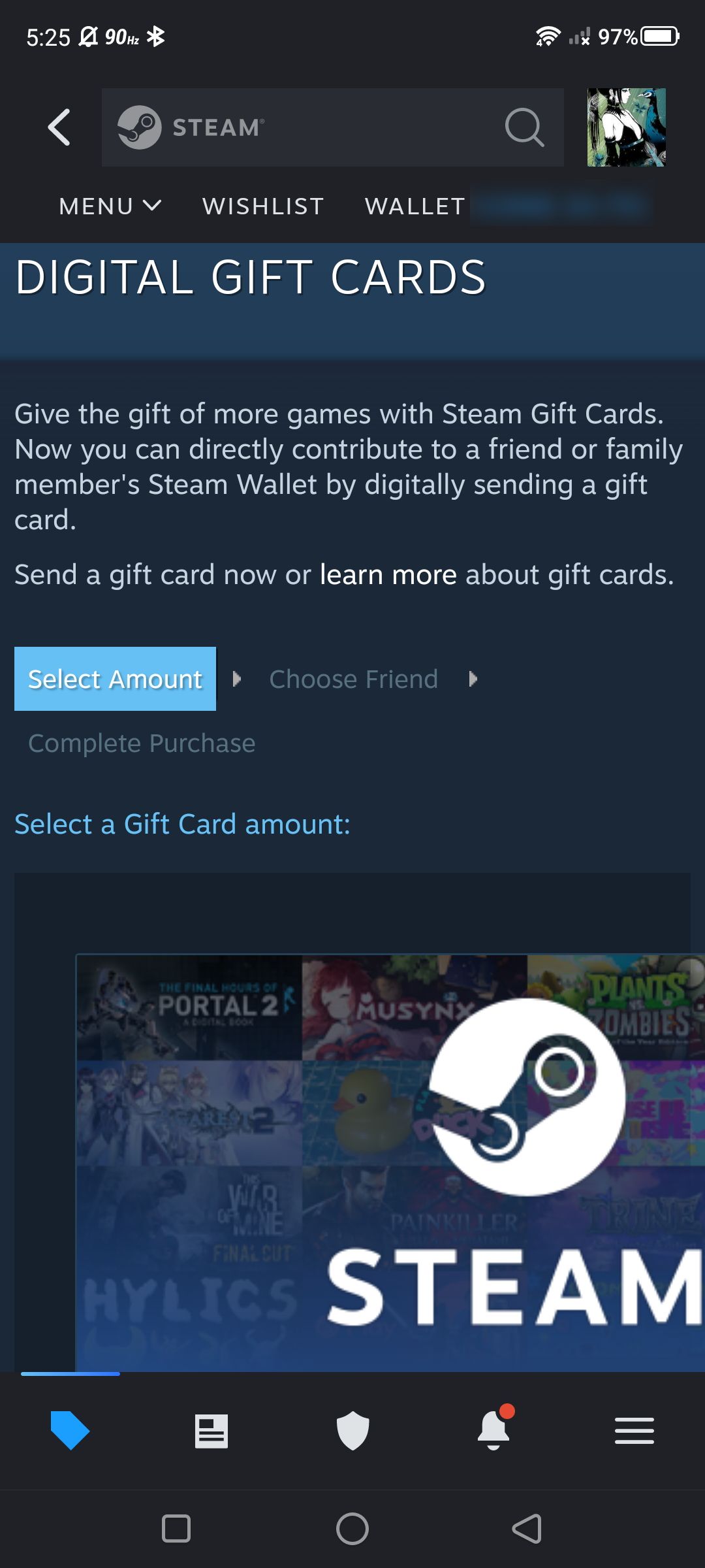 Tangkapan layar saat membeli kartu hadiah Steam saat berada di aplikasi Steam