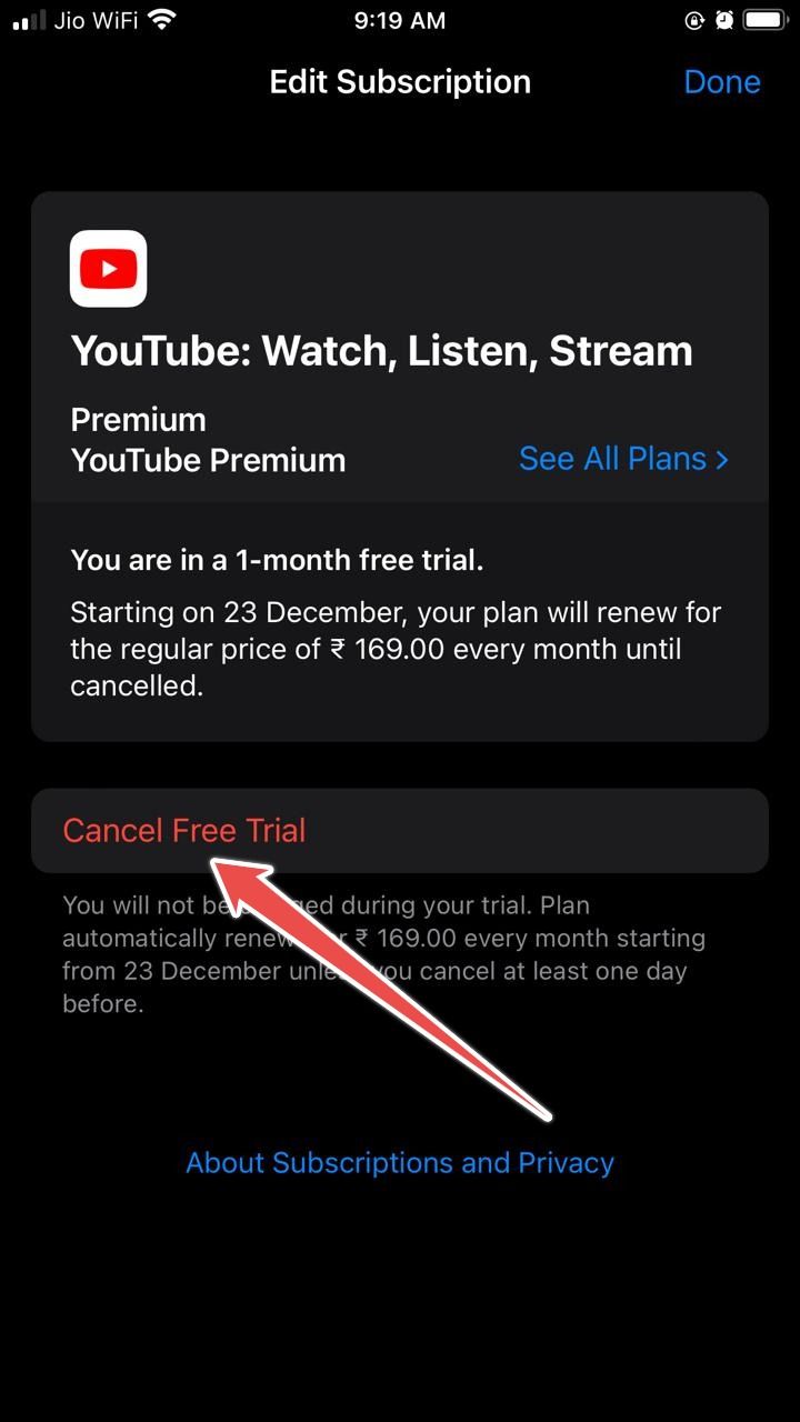 Screenshot showing button to cancel YouTube Premium on iOS