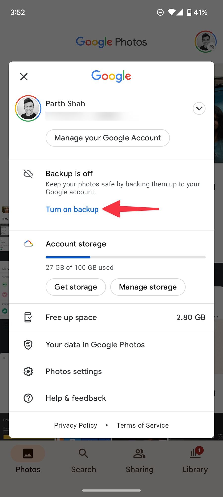 Turn on Backup in Google Photos