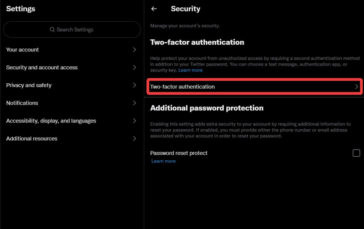 The security page on X highlighting the two-factor authentication option