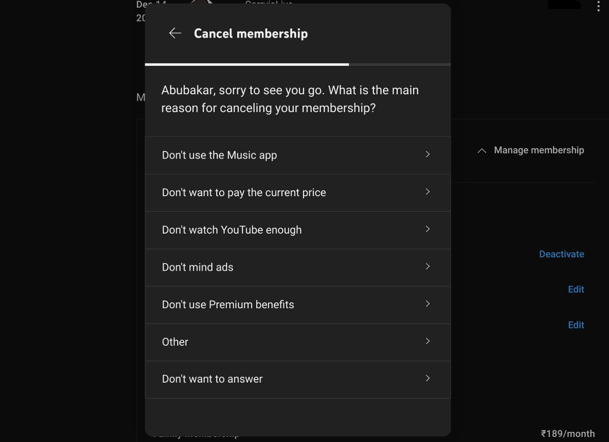 Screenshot showing the window to select reasons for cancelling Youtube Premium on desktop