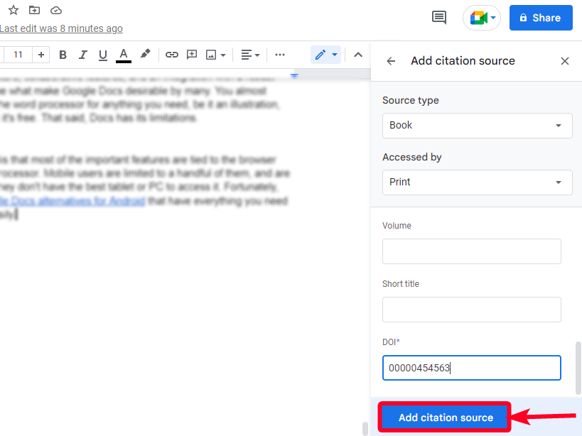 Add citation source button in Google Docs