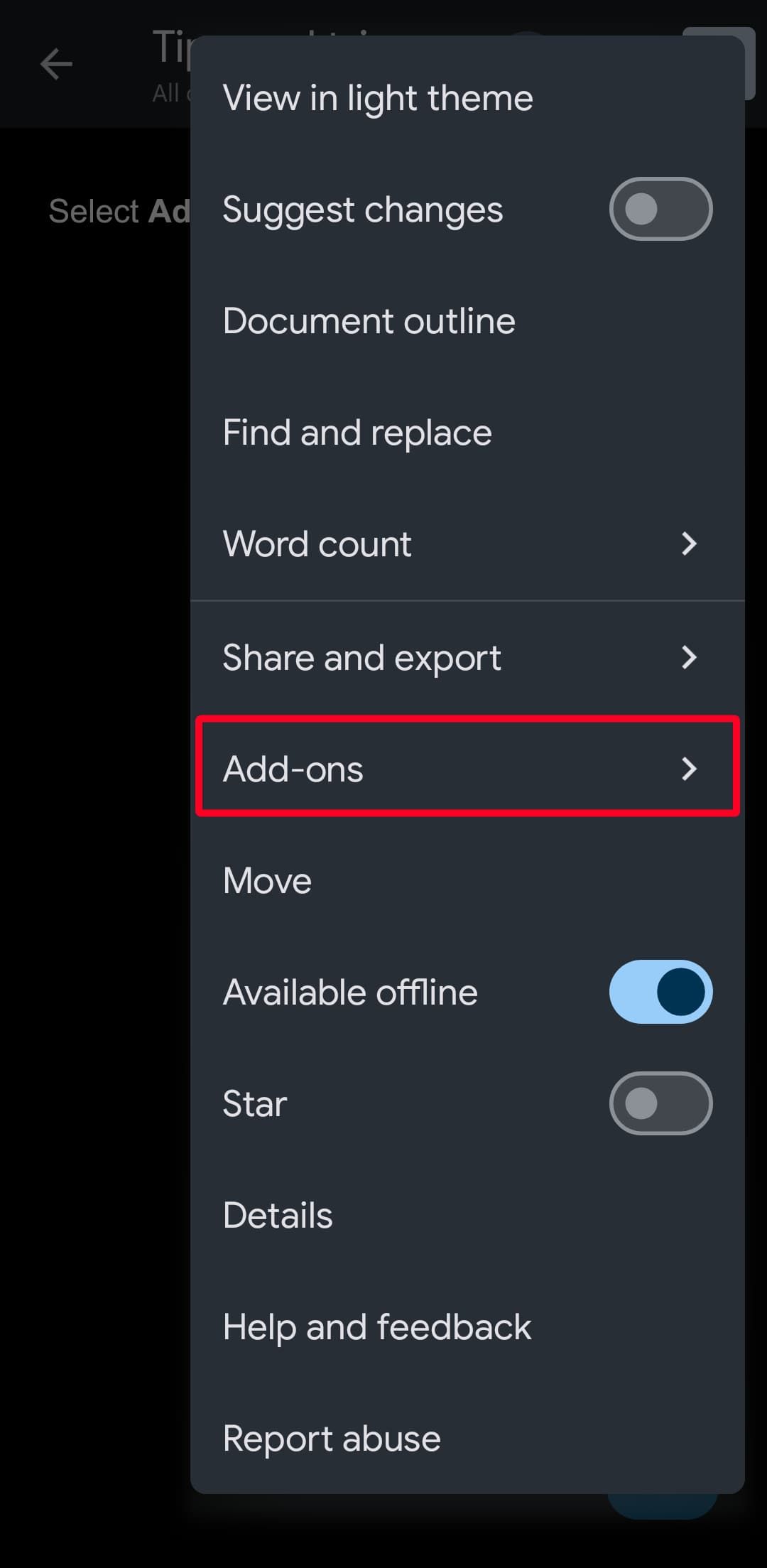 Add-ons option in Google Docs mobile app menu
