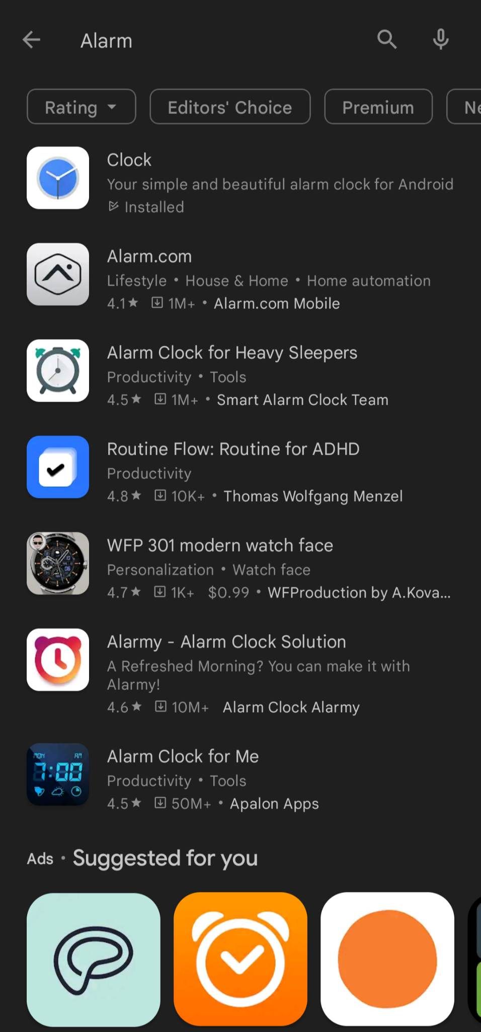 Screenshot shows the Android Play Store with the word 'Alarm' in the search bar and a list of available alarm apps.