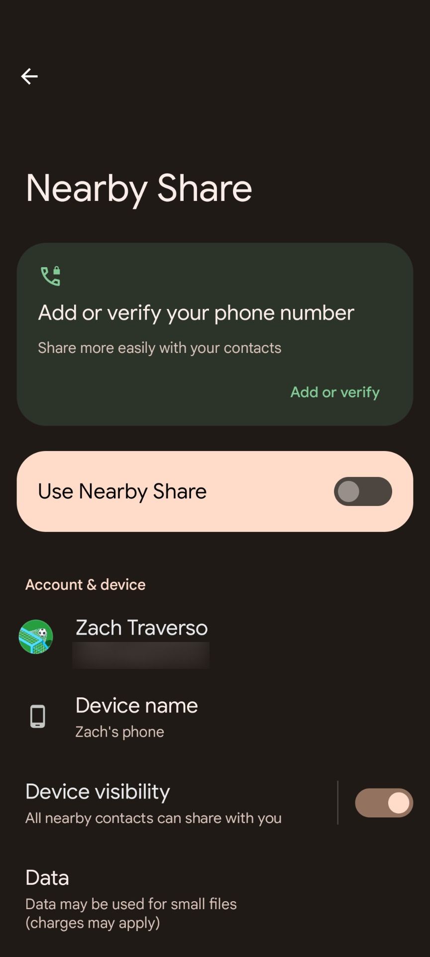 Nearby Share settings on an Android phone