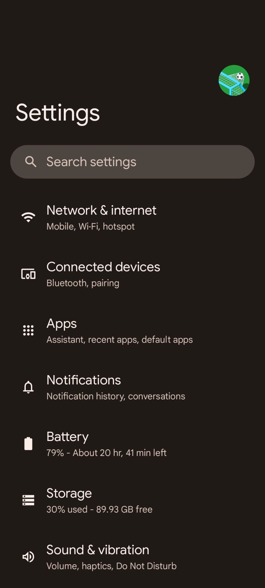 The Settings app main screen on an Android phone