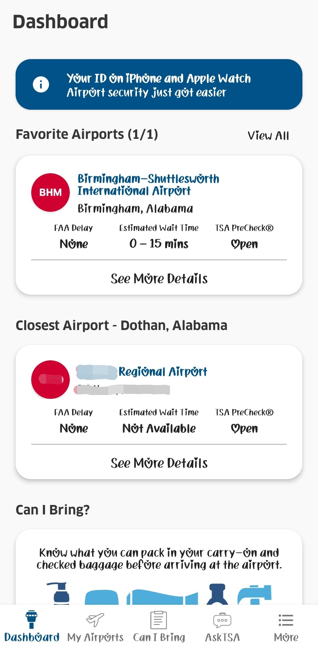 A screenshot of the dashboard page on the MyTSA Android app.