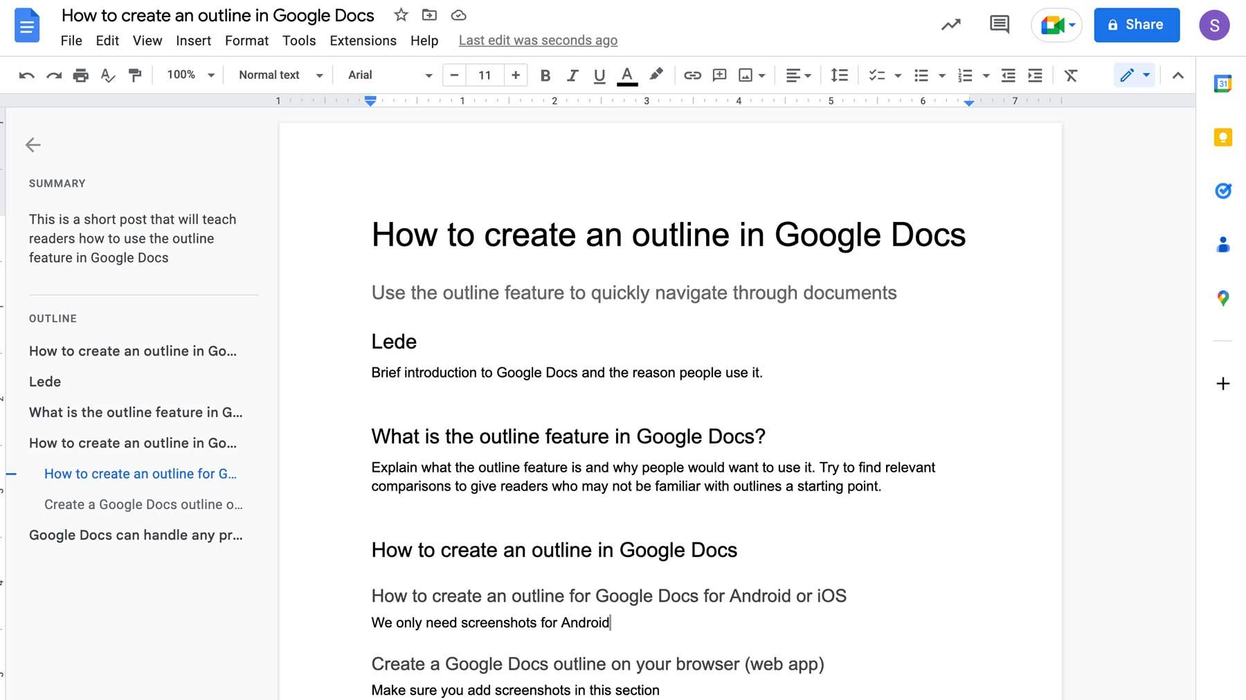 Screenshot of a Google Docs document with an outline