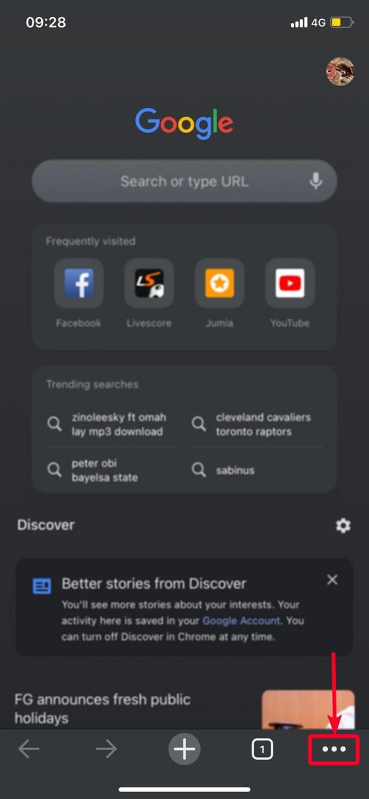 Screenshot of the Chrome app on iPhone