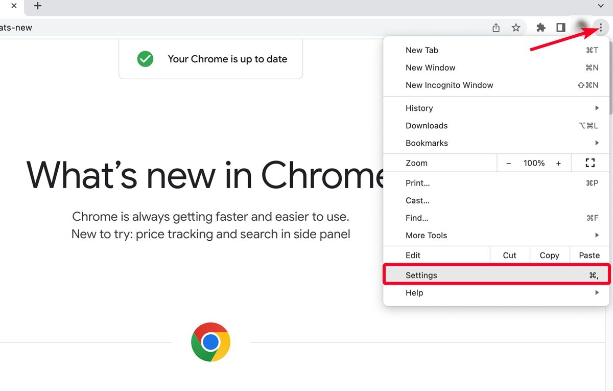 Screenshot of the Chrome browser menu on Mac with Settings option highlighted
