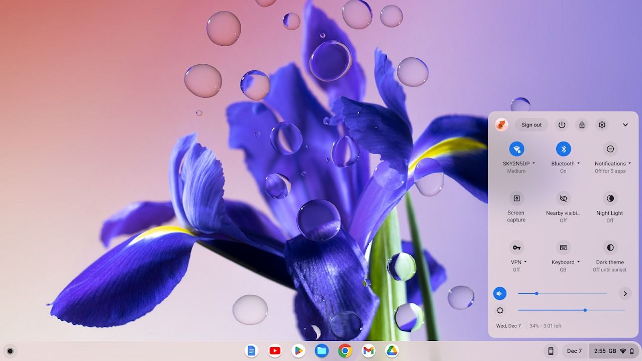 ChromeOS home screen showing Quick Settings.