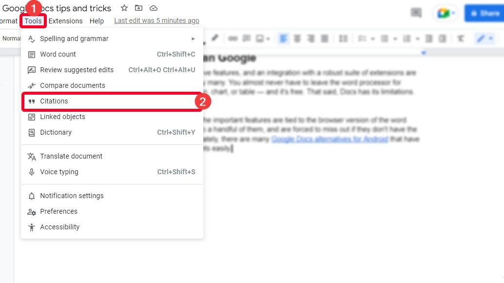 Citations option in Google Docs