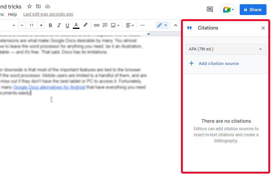 Citations sidebar in Google Docs
