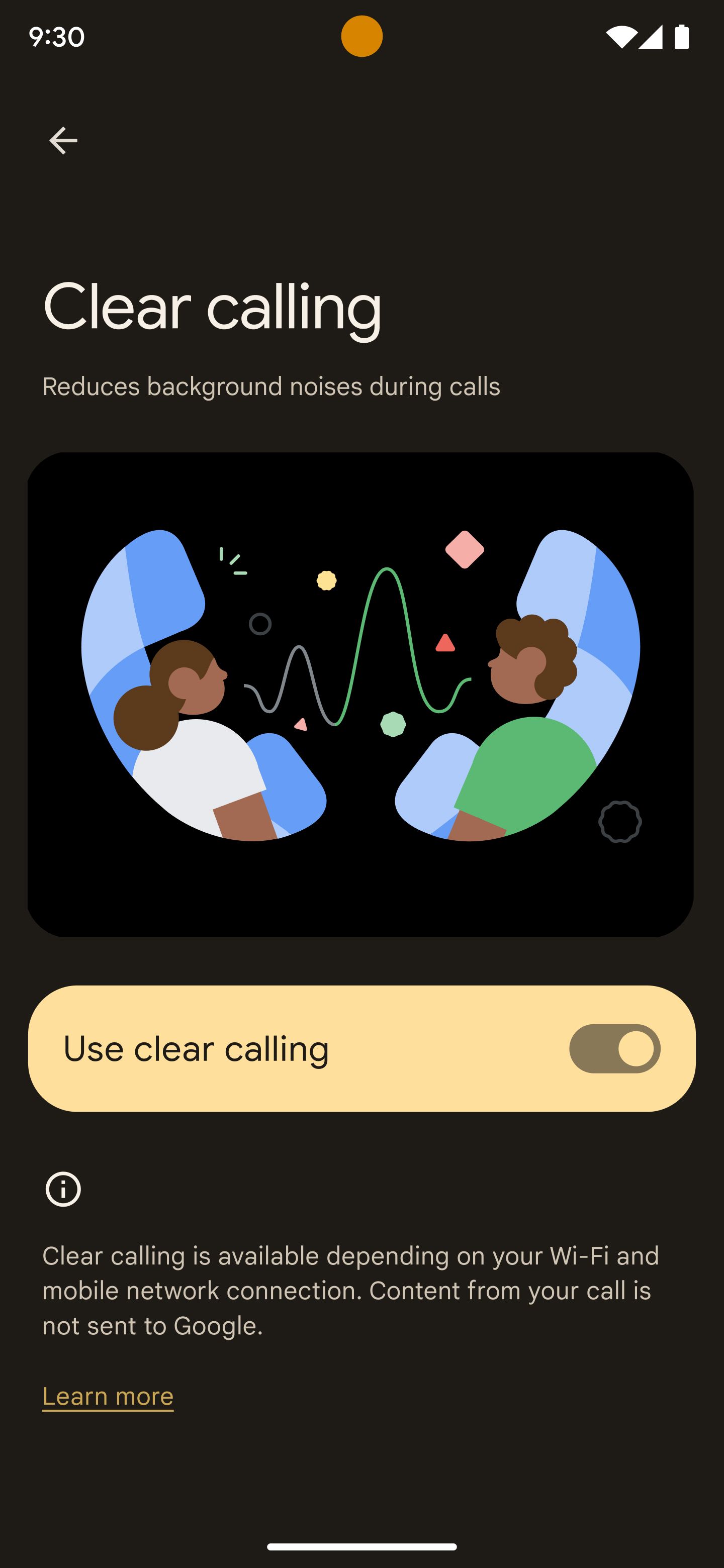 Clear Calling settings screen with a toggle in Android system settings