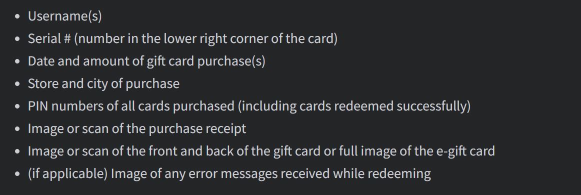 Screenshot of the essential information required to submit a Roblox gift card ticket request