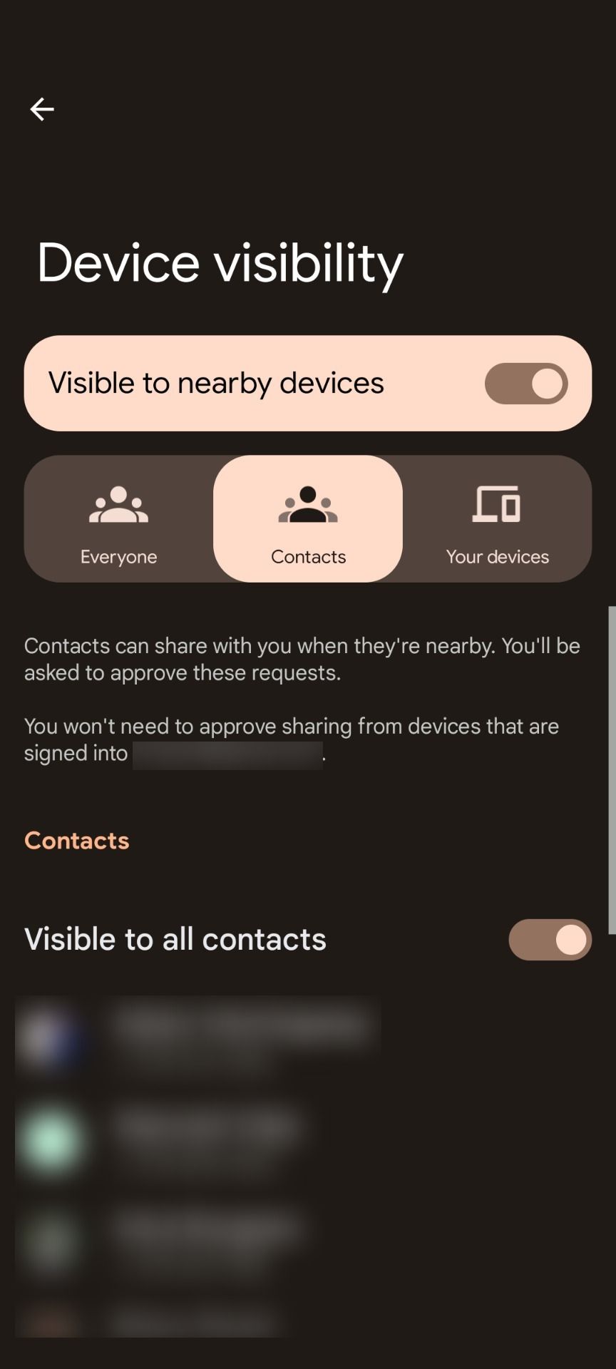 Nearby Share Device visibility settings set to contacts