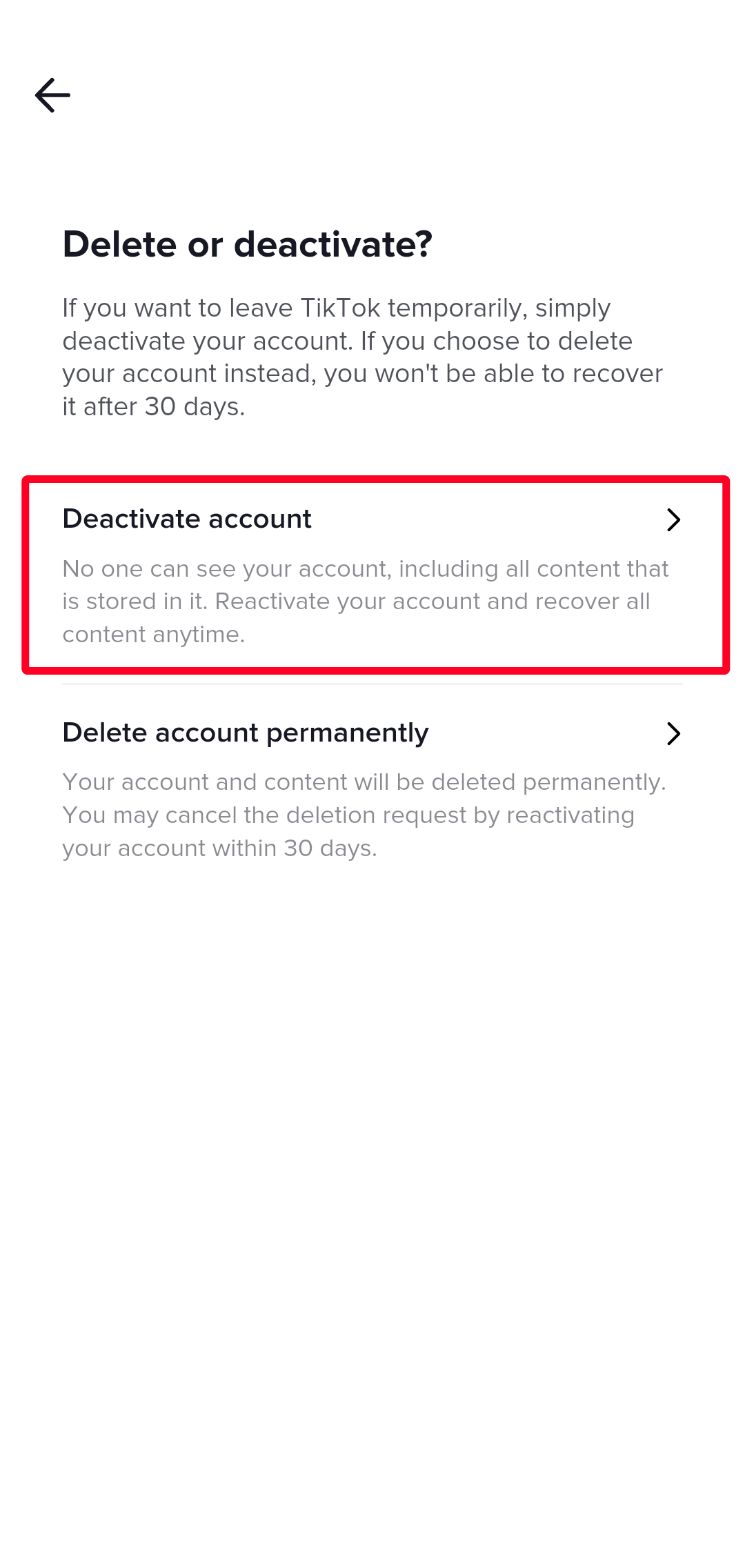 Deactivate account option in TikTok mobile app