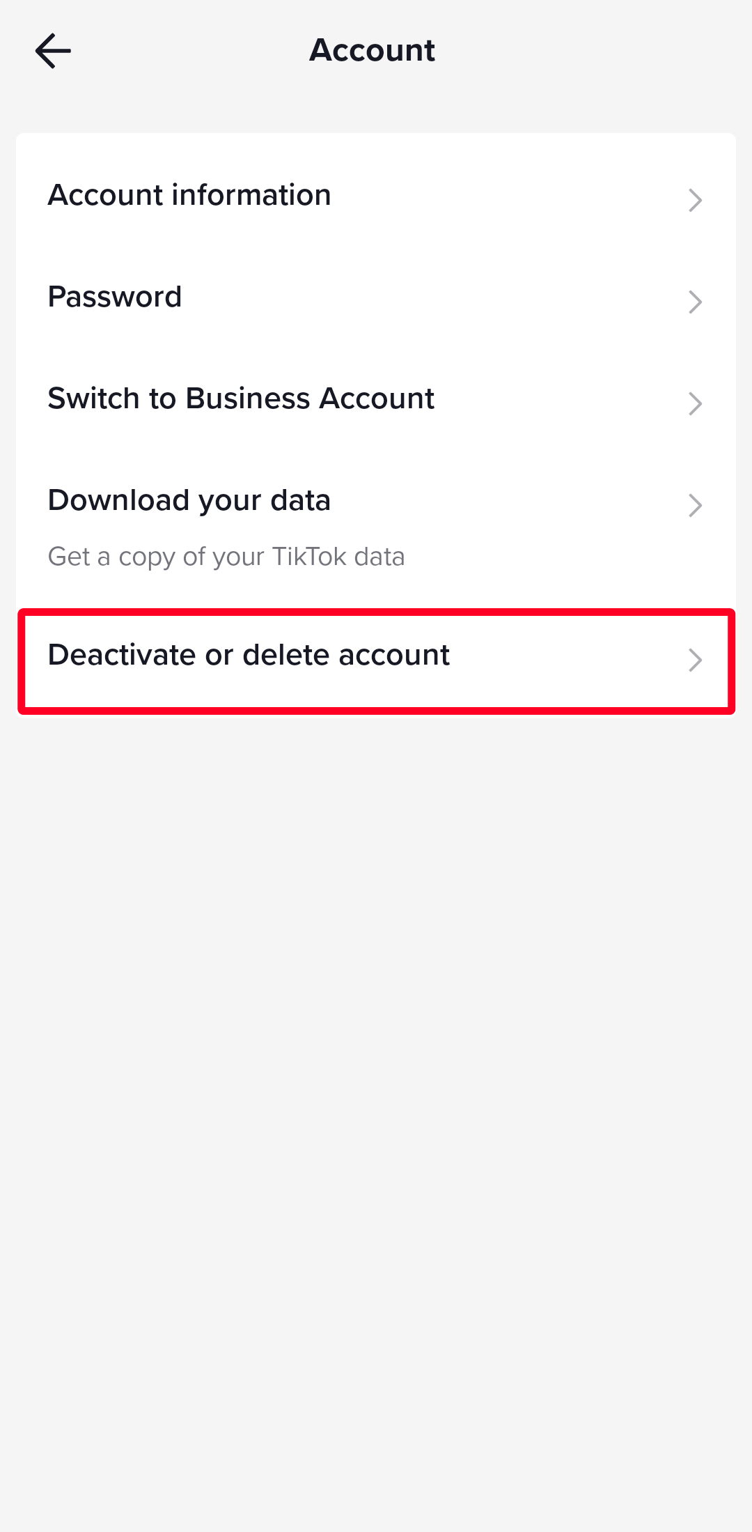 Deactivate or delete account option in TikTok Account settings menu