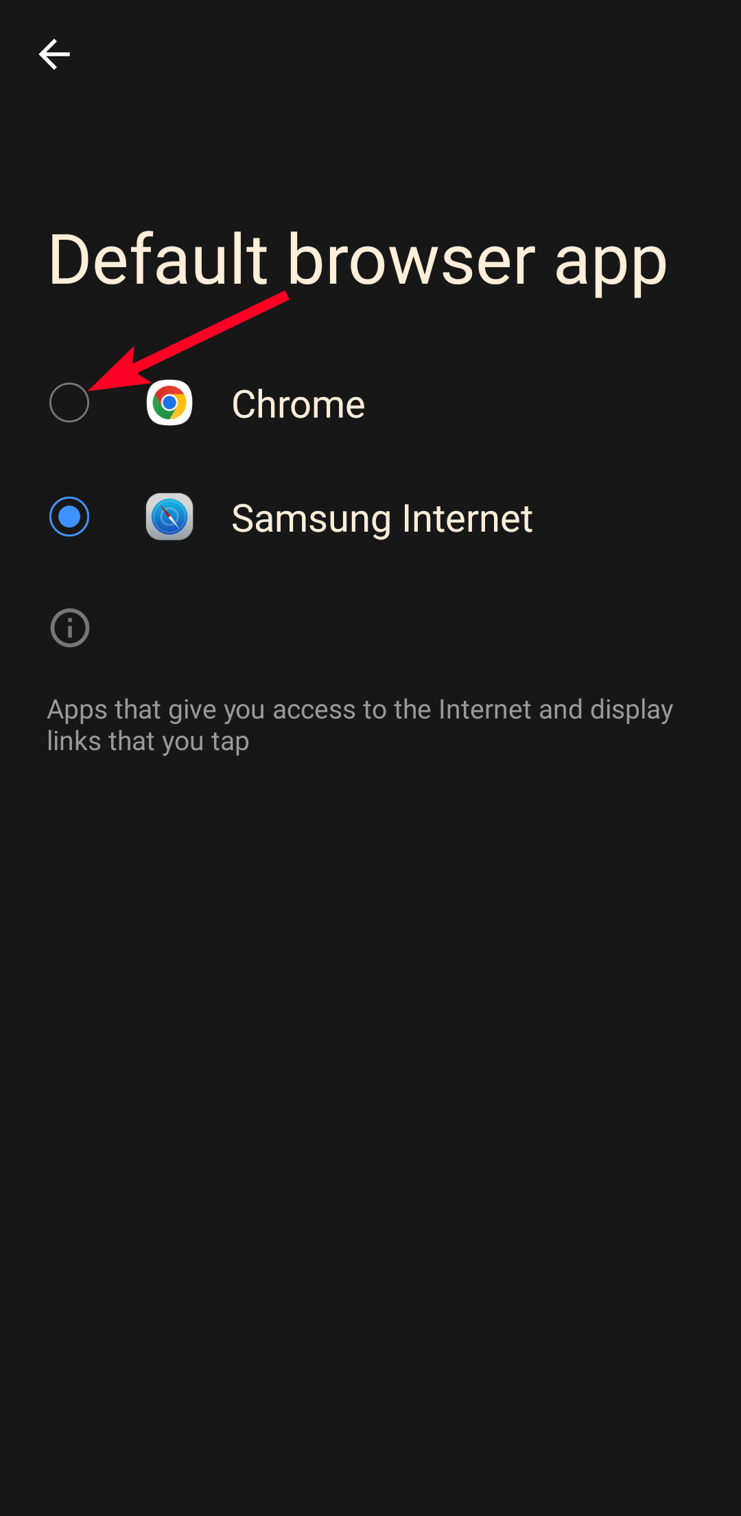 Scegliere Chrome come menu dell'app del browser su Android