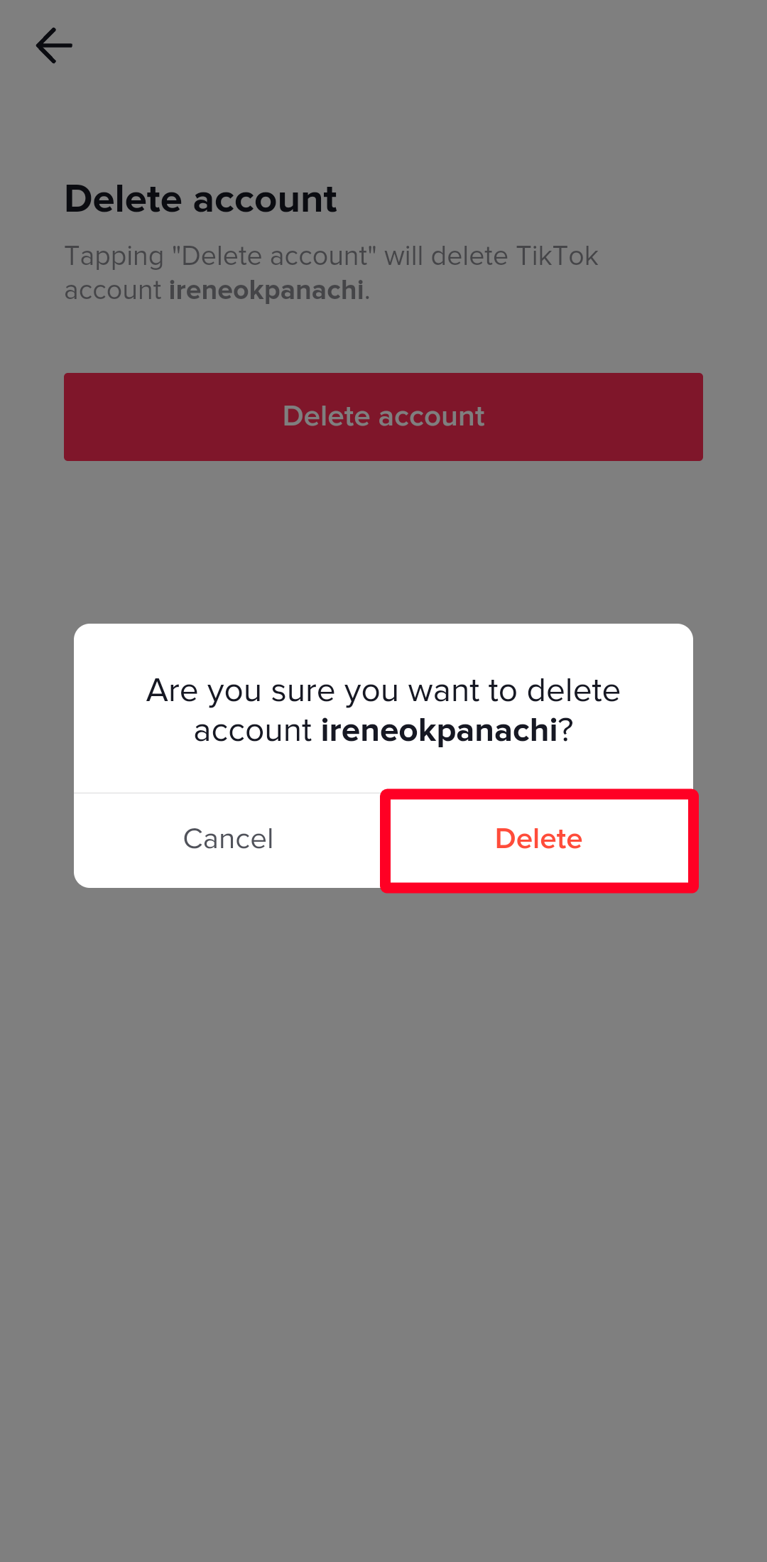 Delete-account-confirmation-tab-on-TikTok-app