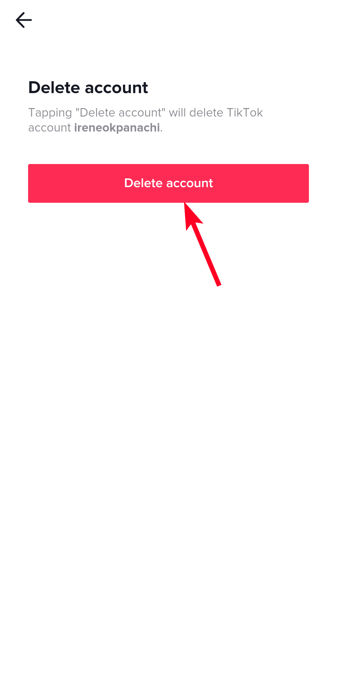 Delete account page on TikTok app