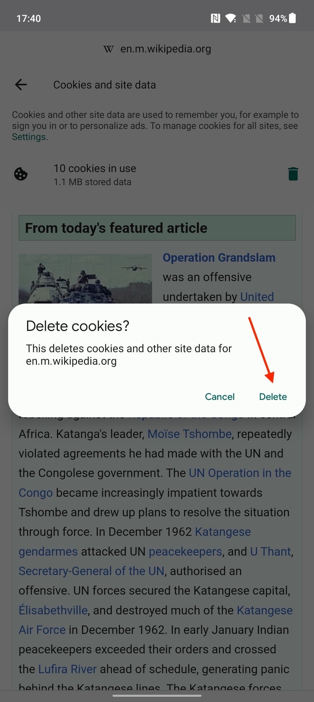 Option to delete cookies for sites on Chrome Mobile 5.