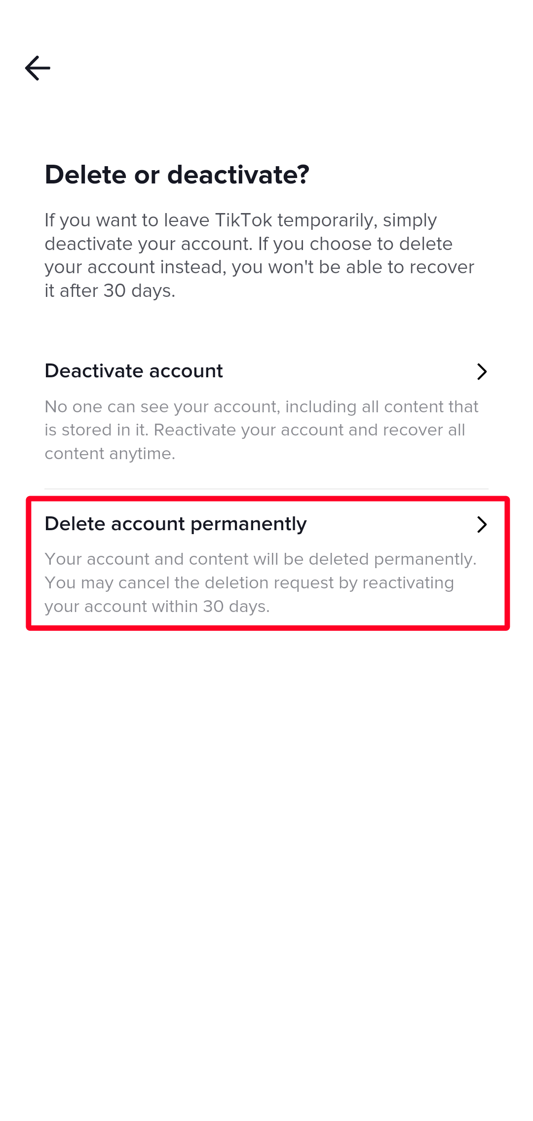 Delete or deactivate menu on TikTok