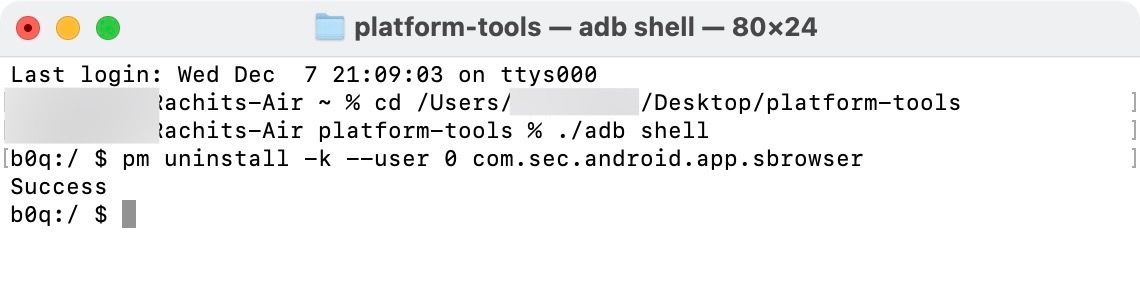 Deleting package using adb shell on desktop