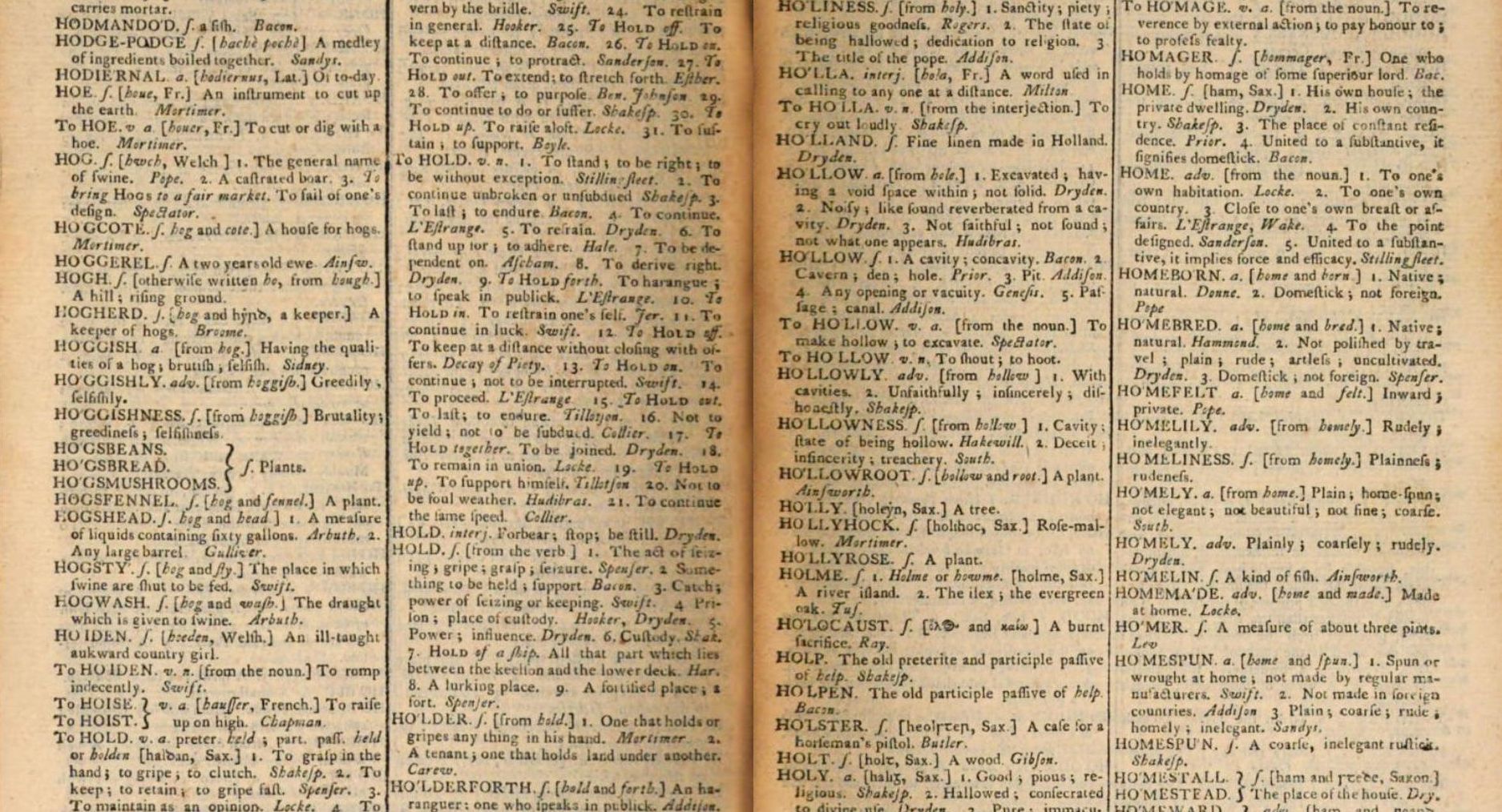 Two-page spread of an open dictionary