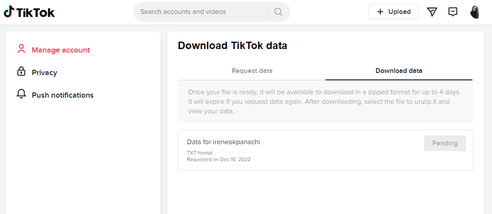 Download TikTok data webpage on Google Chrome