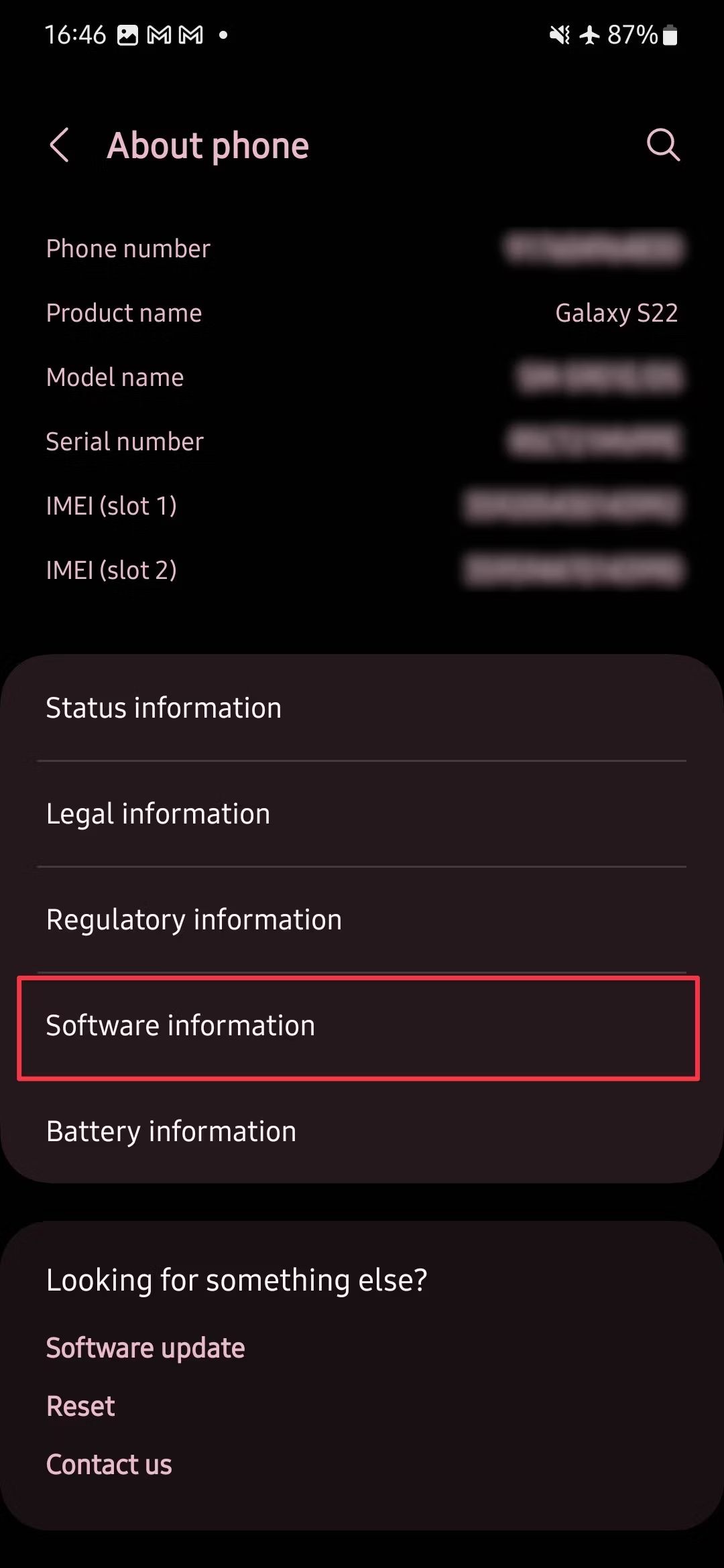 Screenshot showing the About phone page of a Samsung phone with red rectangle outline over Software information