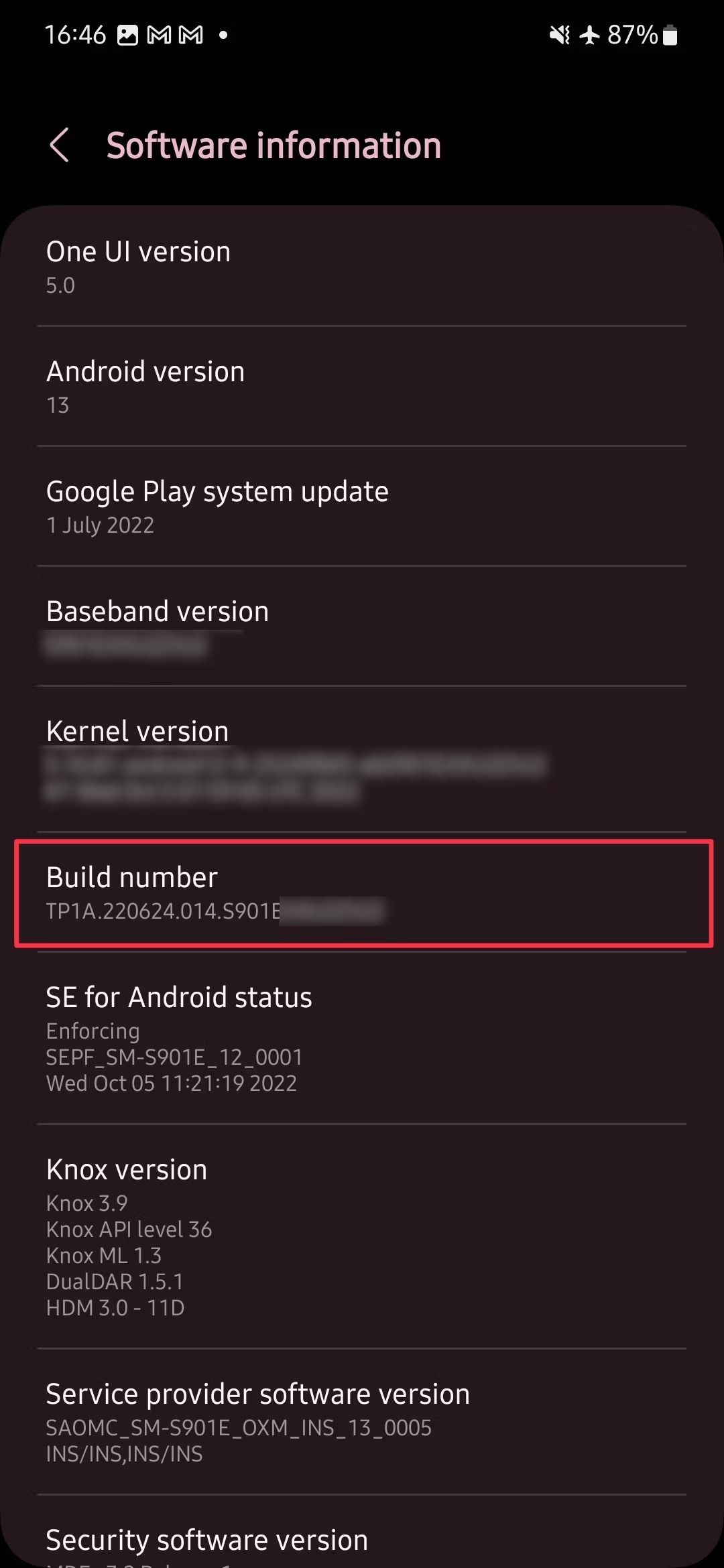 Screenshot showing software information page of a Samsung smartphone with red rectangle outline over build number