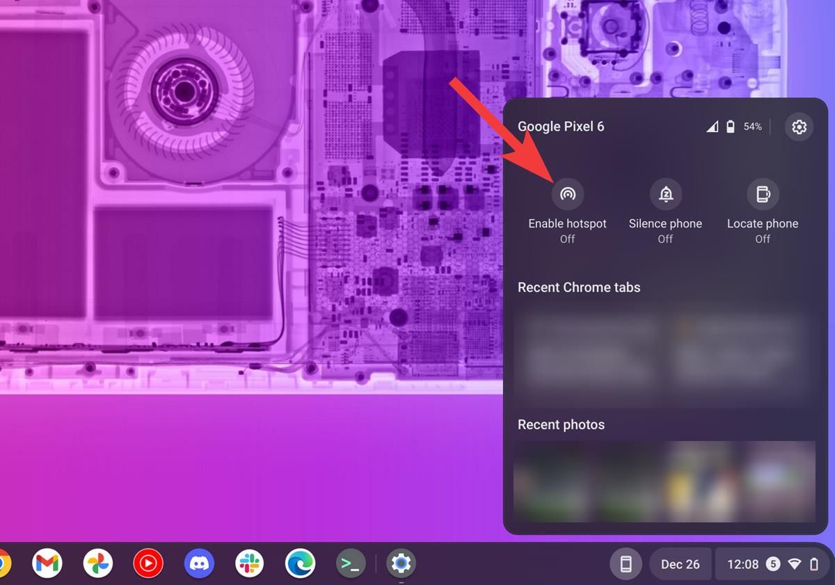 A screenshot of Chromebook Phone Hub showing the hotspot control.