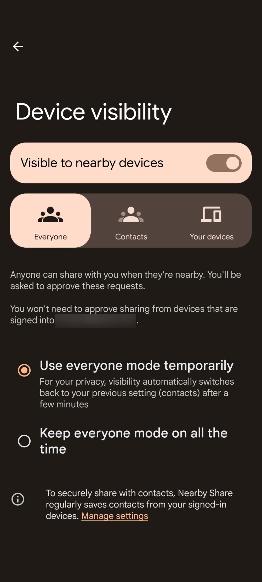 Nearby Share Device visibility settings set to everyone