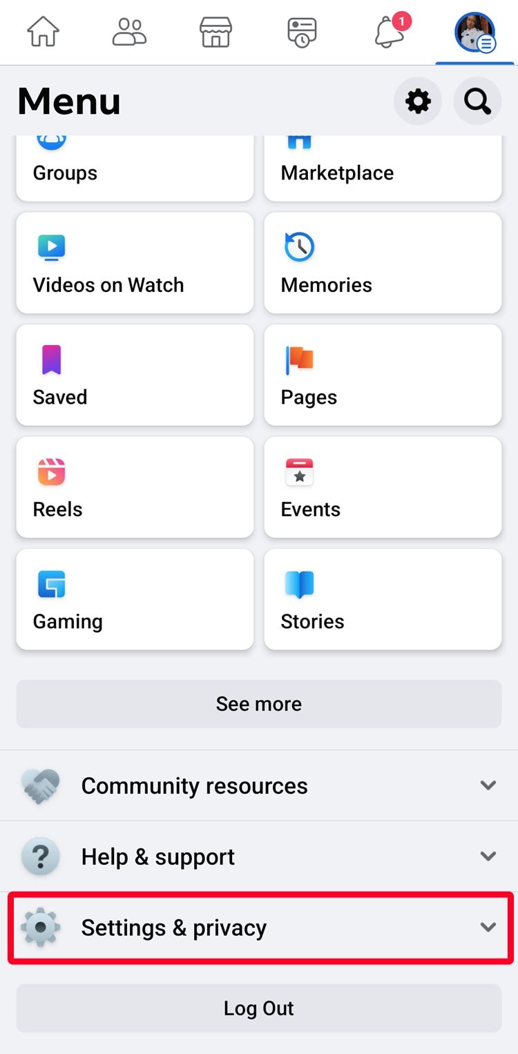 Facebook menu on the mobile app