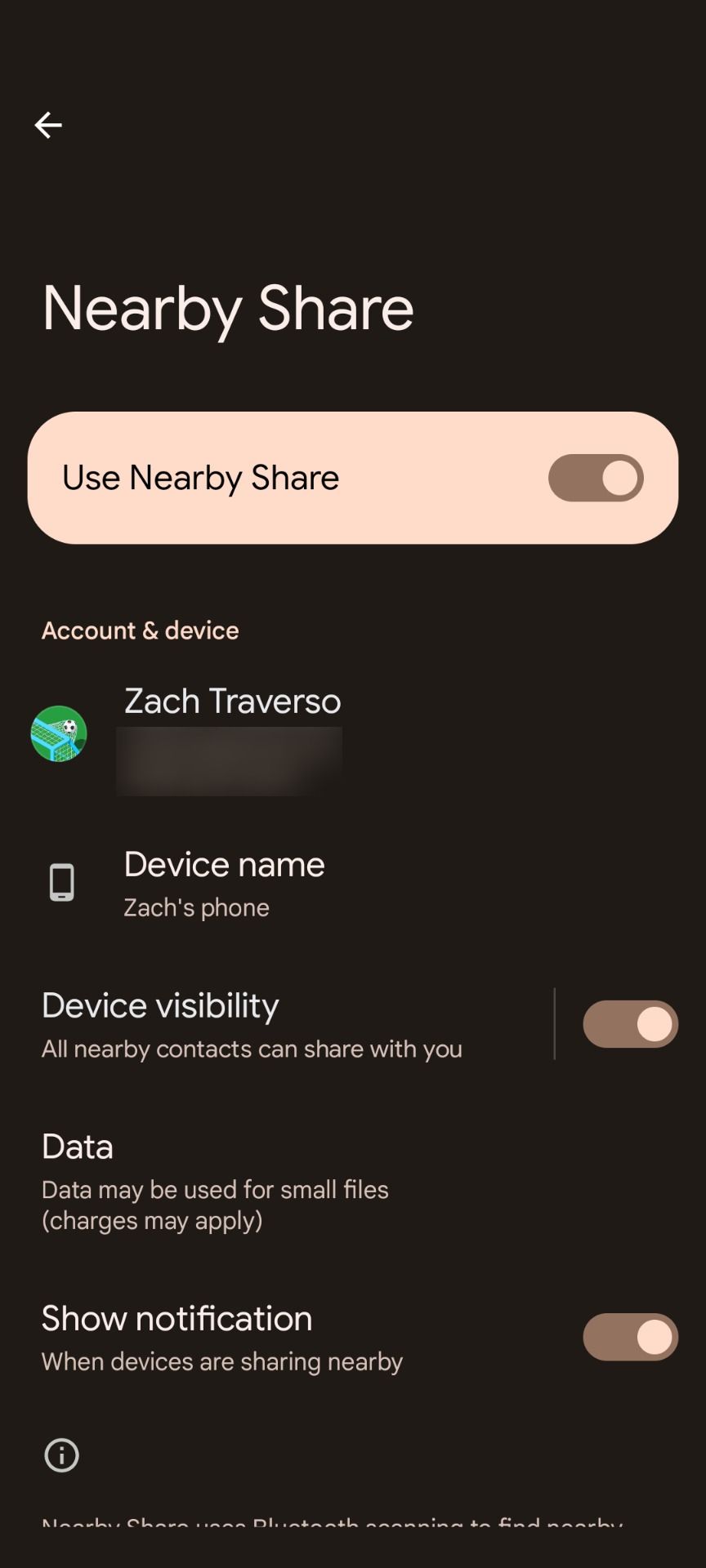 The Nearby Share settings accessed through the Files by Google app