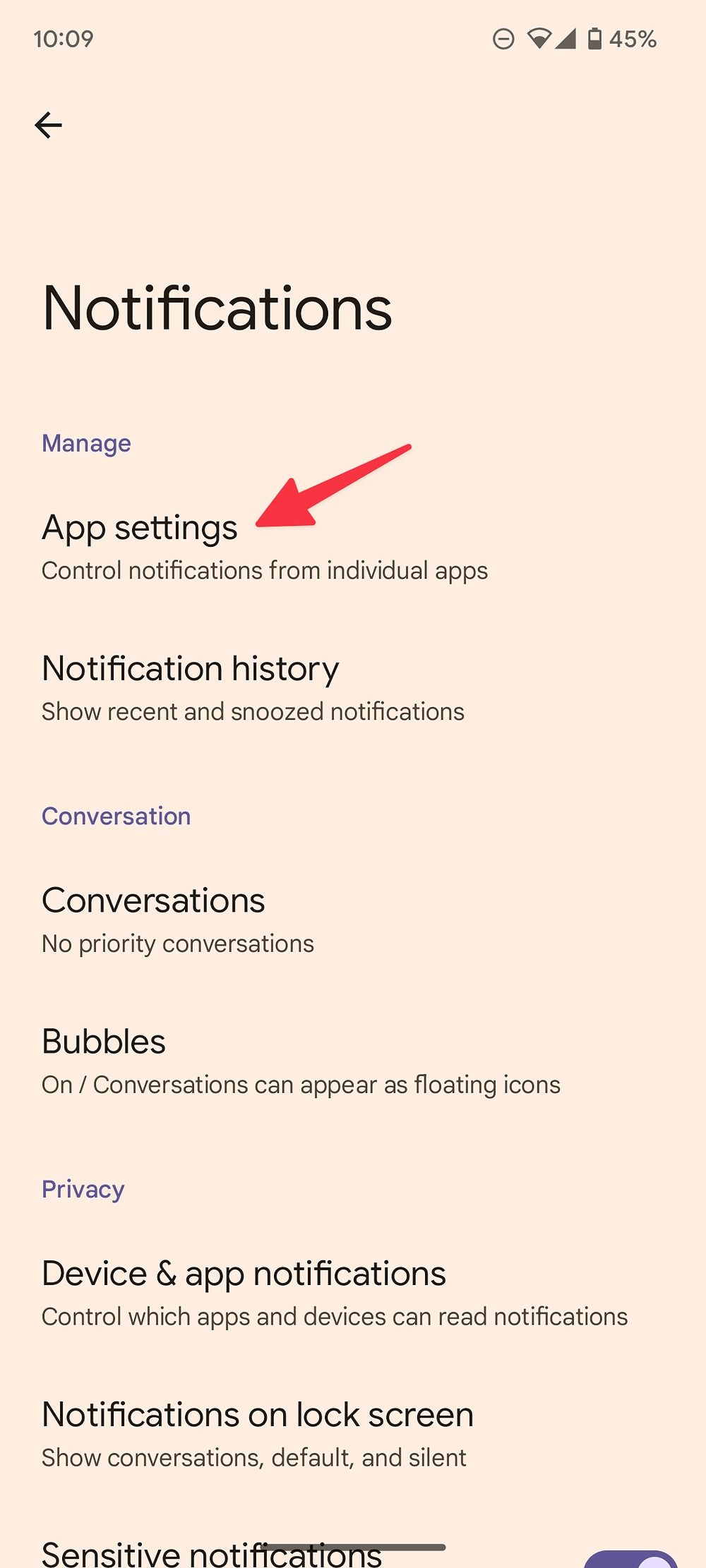 abra as configurações do aplicativo nas notificações