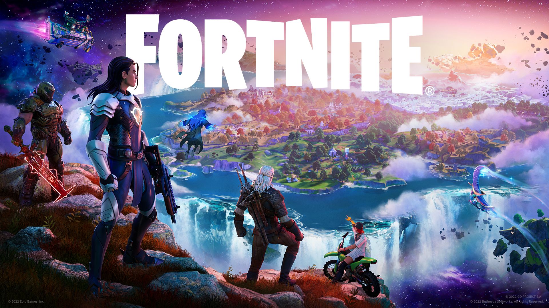Fortnite characters on a hillside with an island in the background and the Fortnite logo central